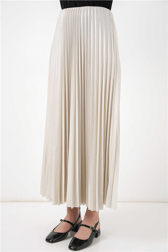 Bigdart 8009 Krem Kadın Pılıselı Saten Gorunumlu Etek Std