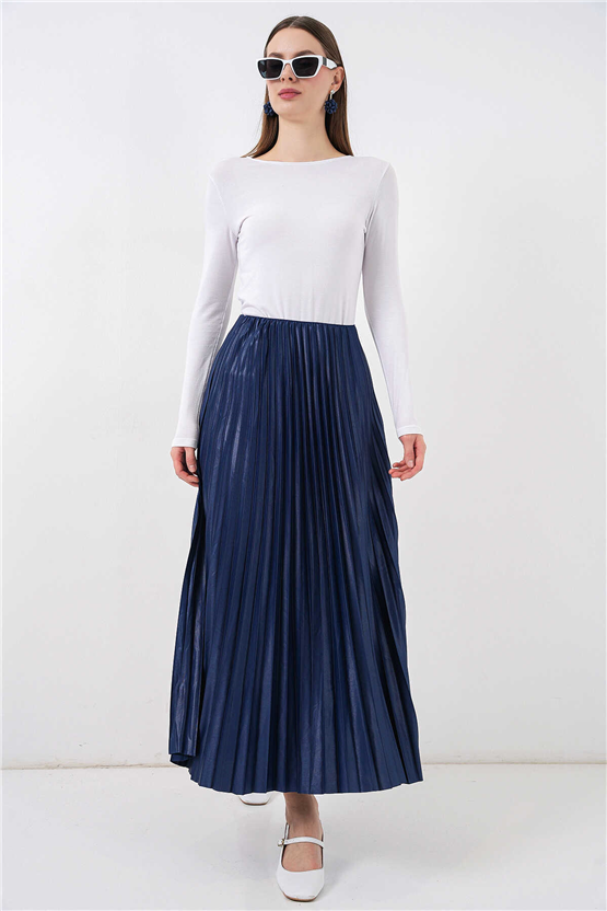 Bigdart 8009 Lacivert Kadın Pılıselı Saten Gorunumlu Etek Std