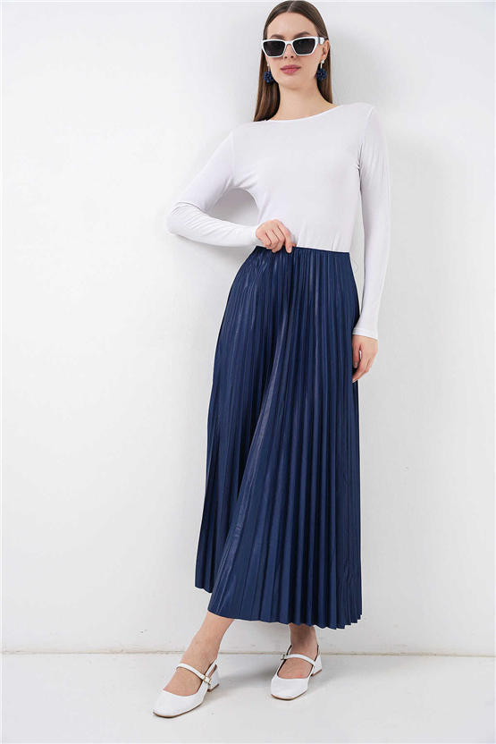 Bigdart 8009 Lacivert Kadın Pılıselı Saten Gorunumlu Etek Std