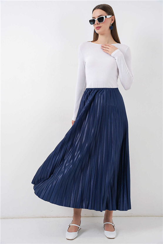 Bigdart 8009 Lacivert Kadın Pılıselı Saten Gorunumlu Etek Std