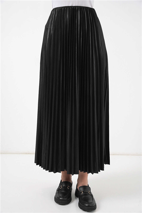 Bigdart 8009 Siyah Kadın Pılıselı Saten Gorunumlu Etek Std