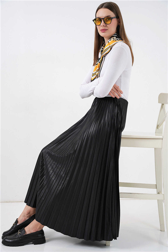 Bigdart 8009 Siyah Kadın Pılıselı Saten Gorunumlu Etek Std