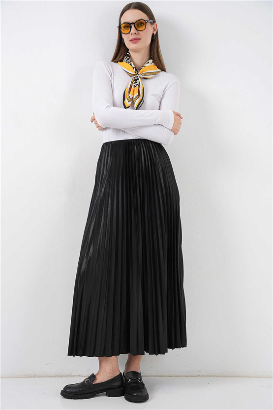 Bigdart 8009 Siyah Kadın Pılıselı Saten Gorunumlu Etek Std