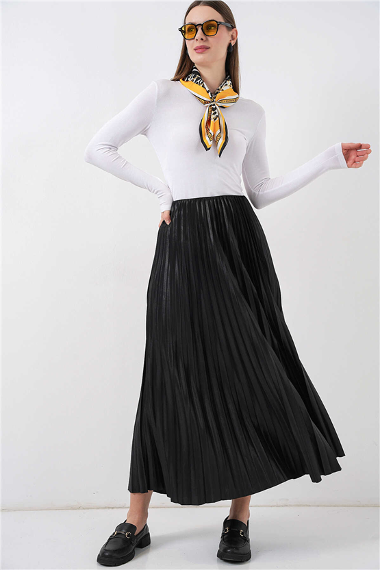 Bigdart 8009 Siyah Kadın Pılıselı Saten Gorunumlu Etek Std