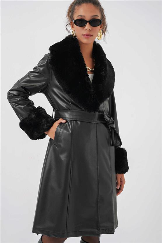 Bıgdart K26 1045 Sıyah Kadın Kurklu Sunı Derı Kaban