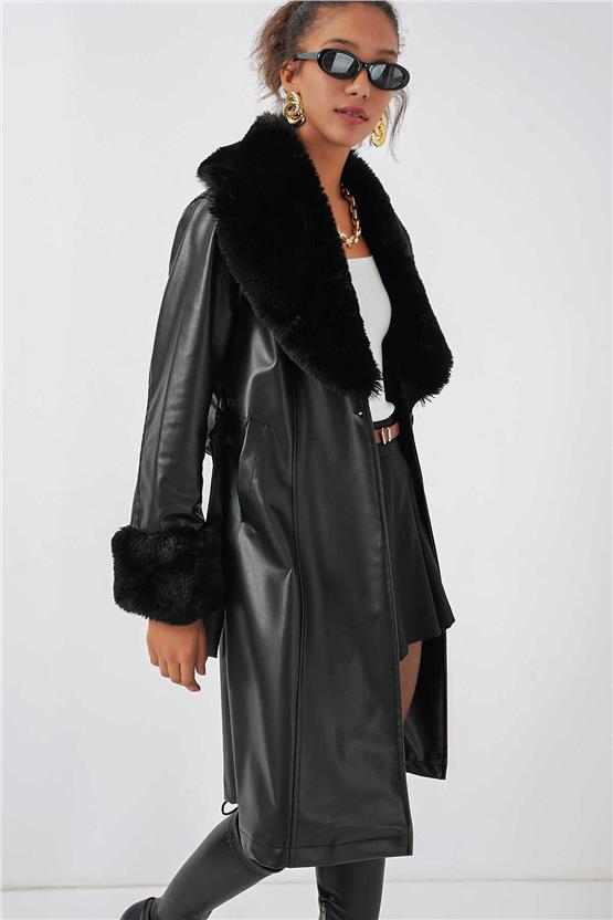 Bıgdart K26 1045 Sıyah Kadın Kurklu Sunı Derı Kaban