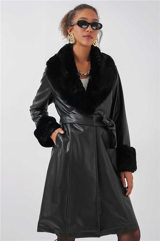 Bıgdart K26 1045 Sıyah Kadın Kurklu Sunı Derı Kaban