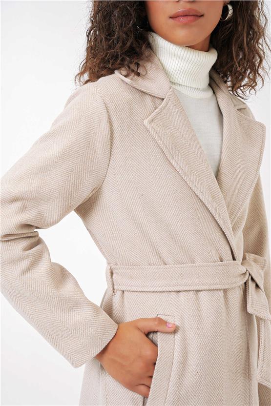 Bıgdart K26 9118 Krem Kadın Kruvaze Yaka Kase Kaban