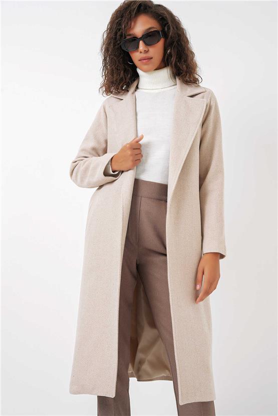 Bıgdart K26 9118 Krem Kadın Kruvaze Yaka Kase Kaban