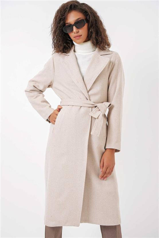 Bıgdart K26 9118 Krem Kadın Kruvaze Yaka Kase Kaban