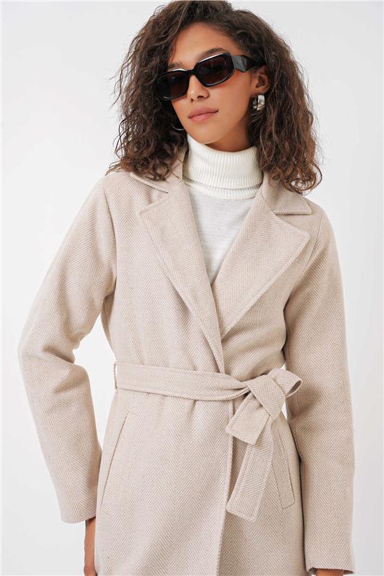 Bıgdart K26 9118 Krem Kadın Kruvaze Yaka Kase Kaban