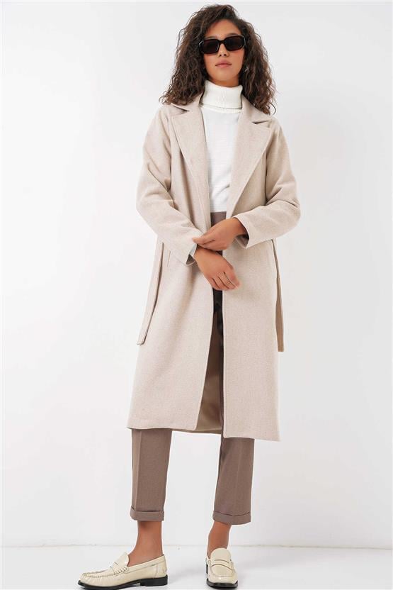 Bıgdart K26 9118 Krem Kadın Kruvaze Yaka Kase Kaban