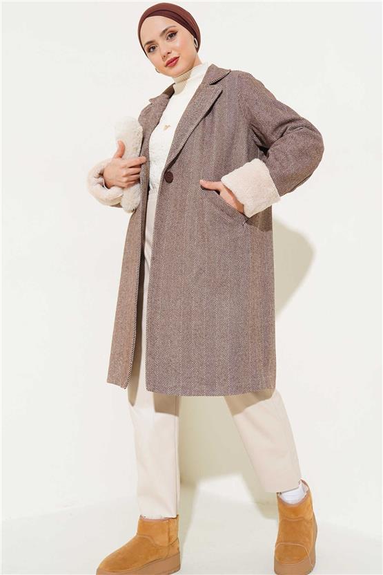 Bıgdart K26 9145 Kahve Kadın Kolları Tuylu Balık Sırtı Kase Kaban