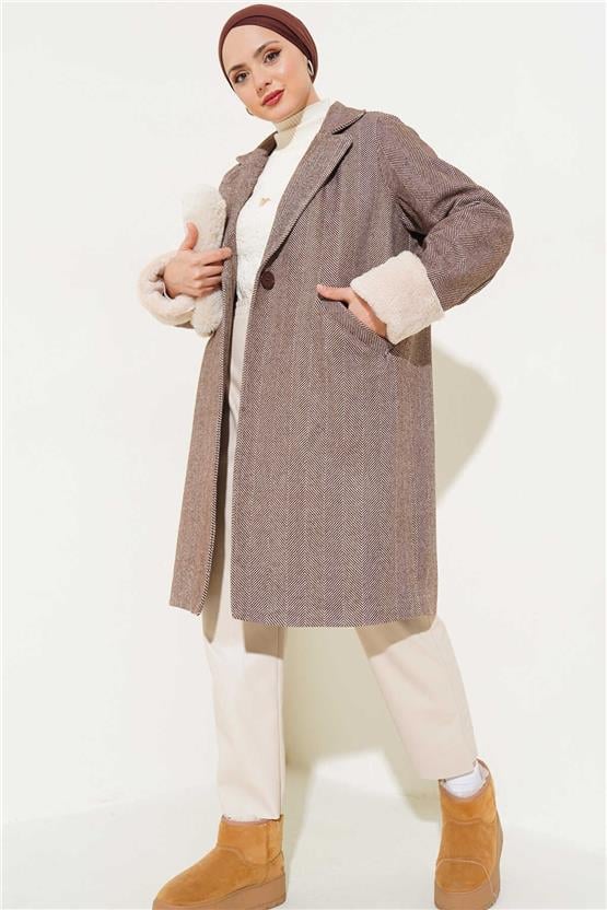 Bıgdart K26 9145 Kahve Kadın Kolları Tuylu Balık Sırtı Kase Kaban