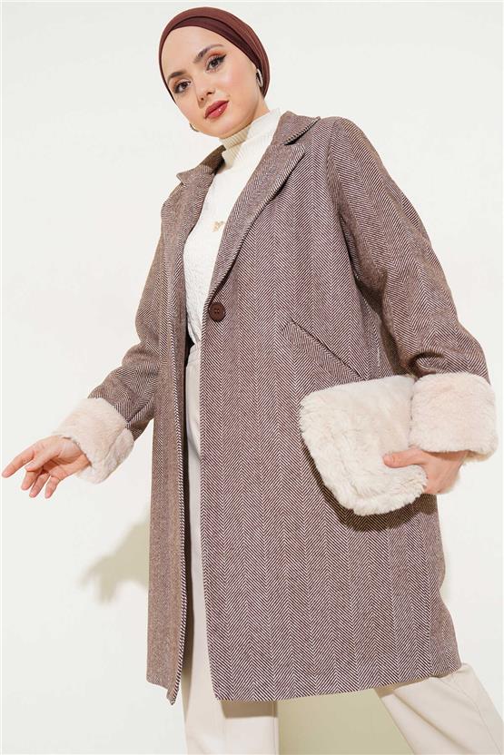 Bıgdart K26 9145 Kahve Kadın Kolları Tuylu Balık Sırtı Kase Kaban