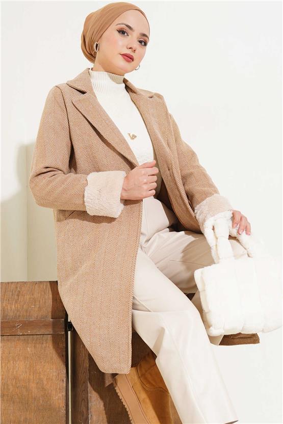 Bıgdart K26 9145 Krem Kadın Kolları Tuylu Balık Sırtı Kase Kaban