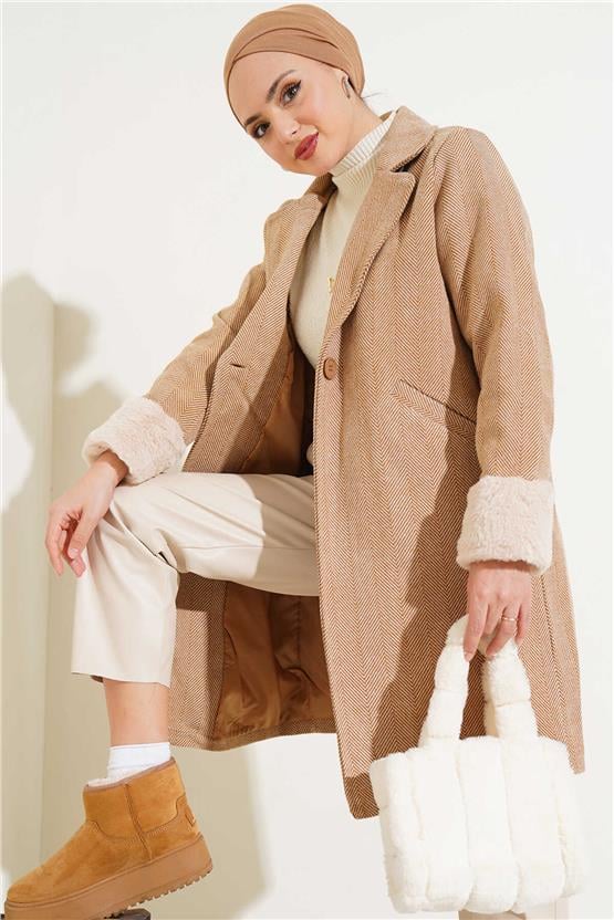 Bıgdart K26 9145 Krem Kadın Kolları Tuylu Balık Sırtı Kase Kaban