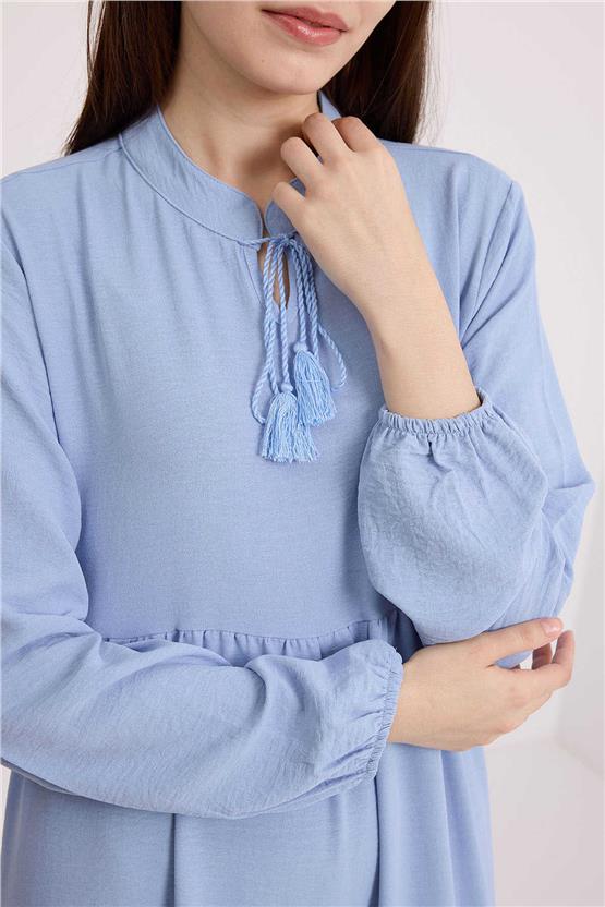 Bıgdart Y25 1627 A.Mavı Kadın Yaka Bagcıklı Tesettur Elbıse