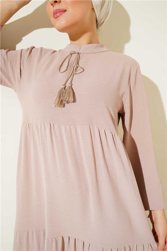 Bıgdart Y25 1627 Bej Kadın Yaka Bagcıklı Tesettur Elbıse