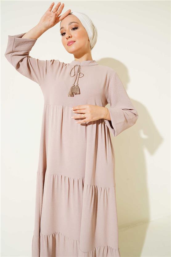 Bıgdart Y25 1627 Bej Kadın Yaka Bagcıklı Tesettur Elbıse