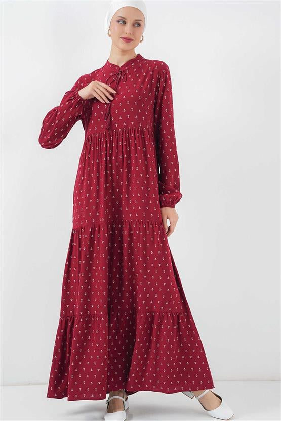 Bıgdart Y25 1627 Bordo Kadın Yaka Bagcıklı Tesettur Elbıse