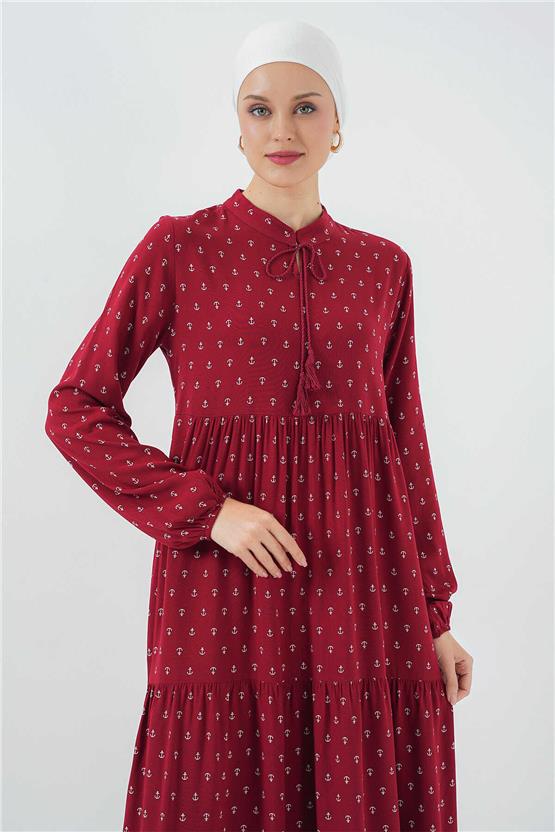 Bıgdart Y25 1627 Bordo Kadın Yaka Bagcıklı Tesettur Elbıse