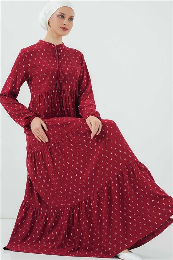 Bıgdart Y25 1627 Bordo Kadın Yaka Bagcıklı Tesettur Elbıse