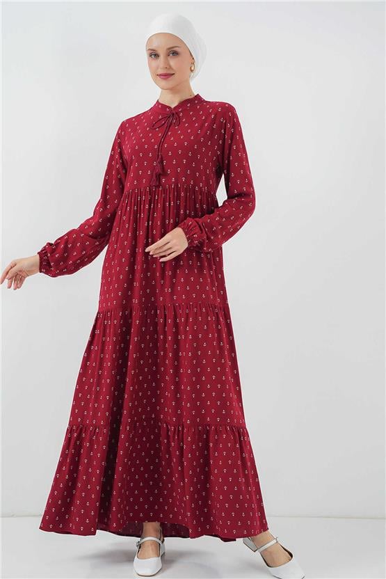 Bıgdart Y25 1627 Bordo Kadın Yaka Bagcıklı Tesettur Elbıse