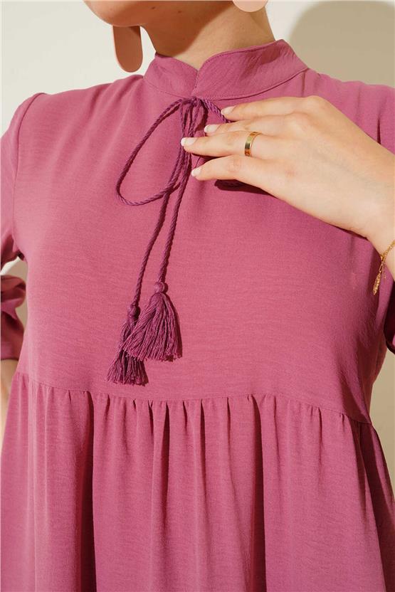 Bıgdart Y25 1627 Gul Kurusu Kadın Yaka Bagcıklı Tesettur Elbıse