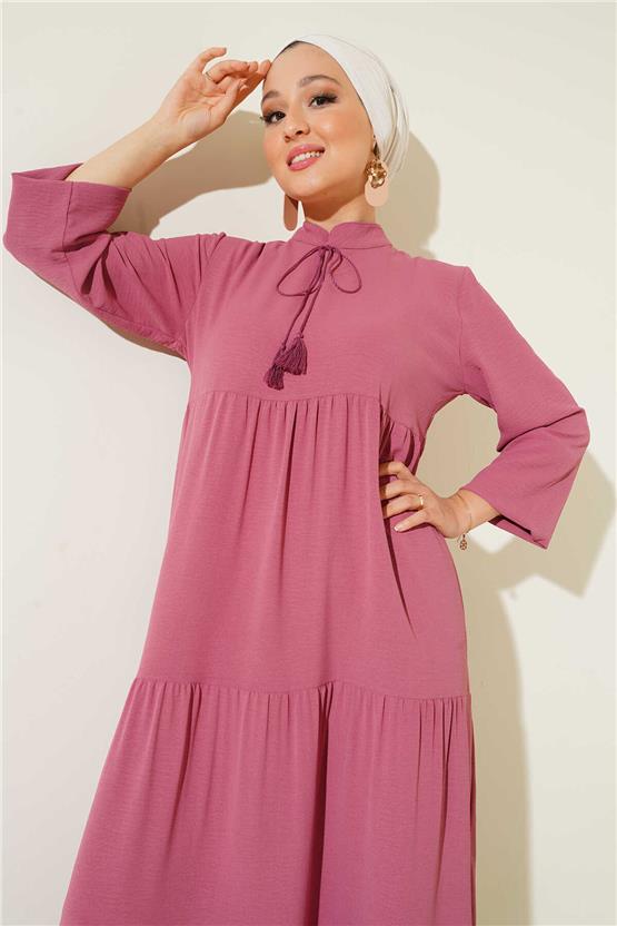 Bıgdart Y25 1627 Gul Kurusu Kadın Yaka Bagcıklı Tesettur Elbıse