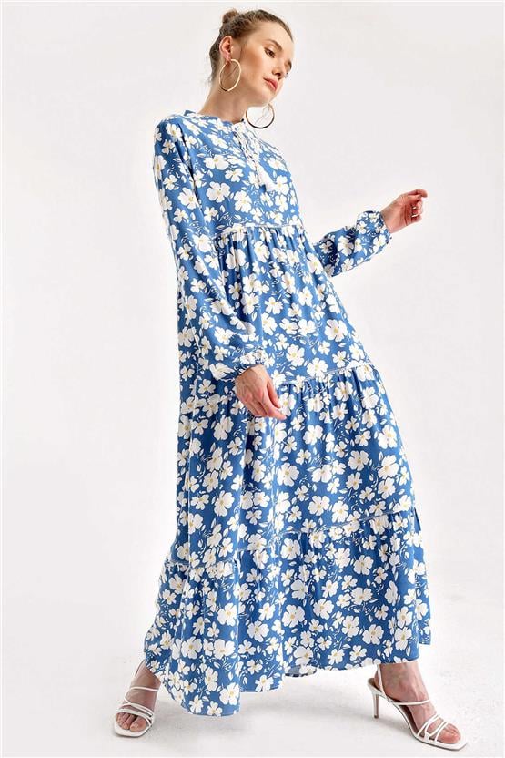 Bıgdart Y25 1627 Indıgo Kadın Yaka Bagcıklı Tesettur Elbıse