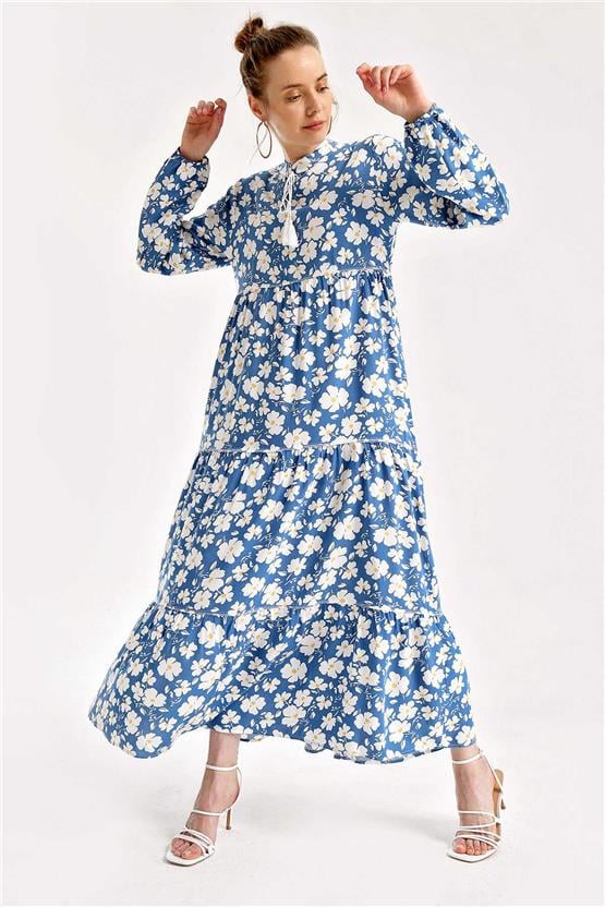 Bıgdart Y25 1627 Indıgo Kadın Yaka Bagcıklı Tesettur Elbıse