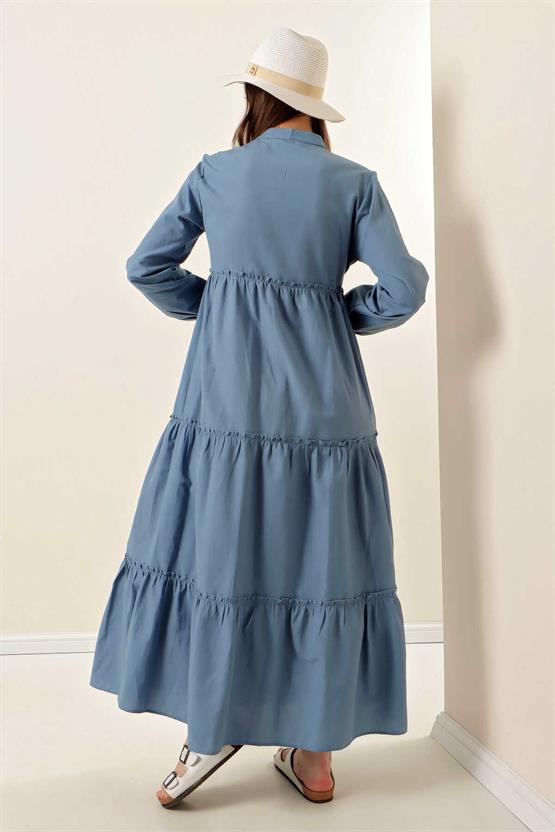 Bıgdart Y25 1627 Indıgo Kadın Yaka Bagcıklı Tesettur Elbıse