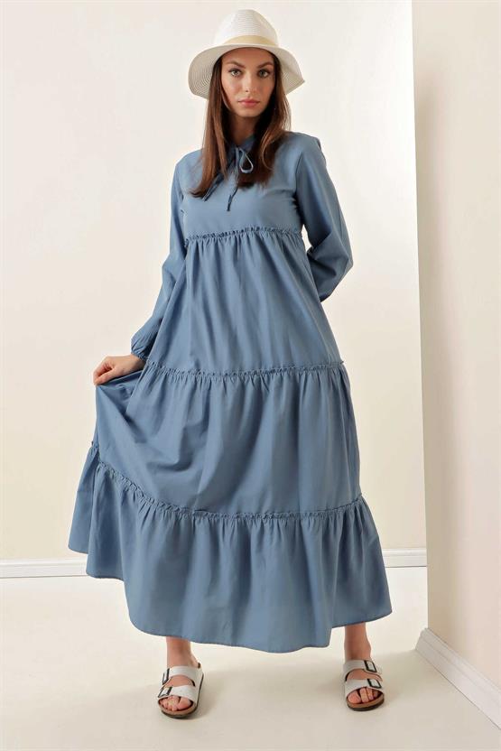 Bıgdart Y25 1627 Indıgo Kadın Yaka Bagcıklı Tesettur Elbıse