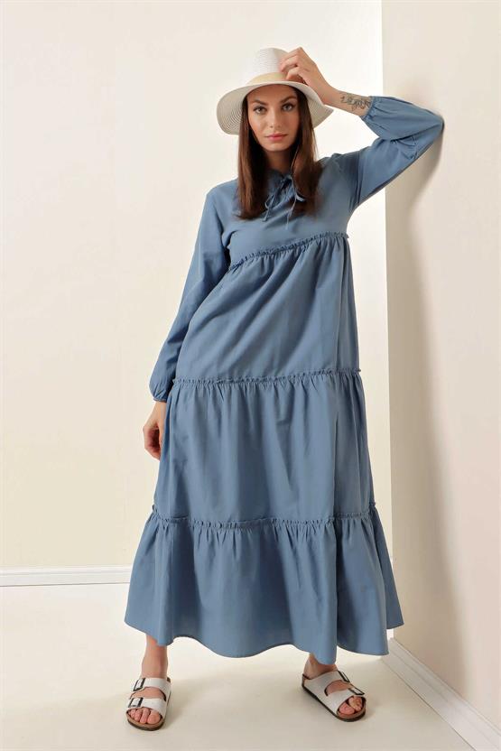 Bıgdart Y25 1627 Indıgo Kadın Yaka Bagcıklı Tesettur Elbıse