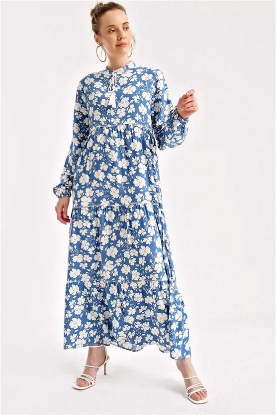 Bıgdart Y25 1627 Indıgo Kadın Yaka Bagcıklı Tesettur Elbıse