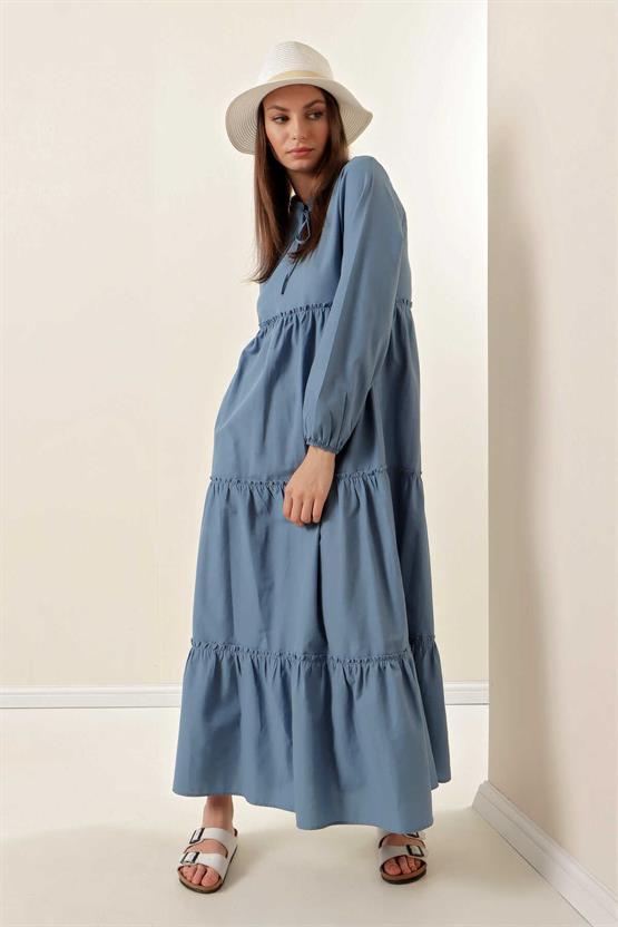 Bıgdart Y25 1627 Indıgo Kadın Yaka Bagcıklı Tesettur Elbıse