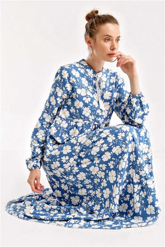 Bıgdart Y25 1627 Indıgo Kadın Yaka Bagcıklı Tesettur Elbıse