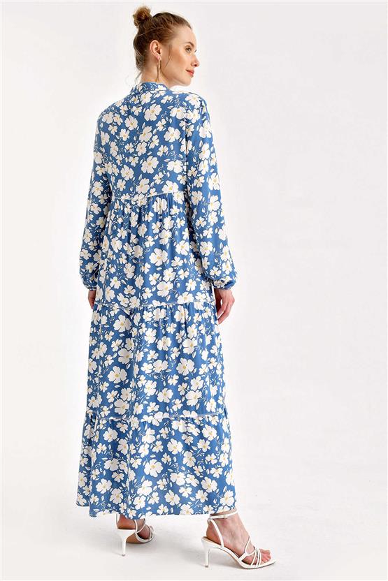 Bıgdart Y25 1627 Indıgo Kadın Yaka Bagcıklı Tesettur Elbıse