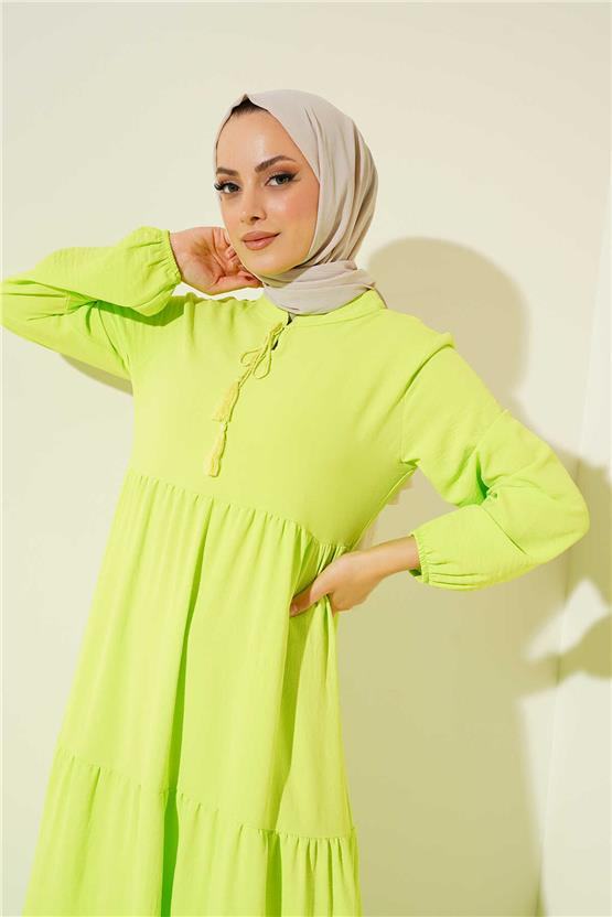 Bıgdart Y25 1627 Yesıl Kadın Yaka Bagcıklı Tesettur Elbıse