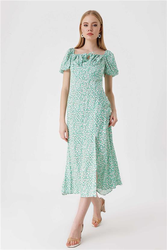 Bıgdart Y25 2387 Yeşil Yırtmaç Detaylı Elbise