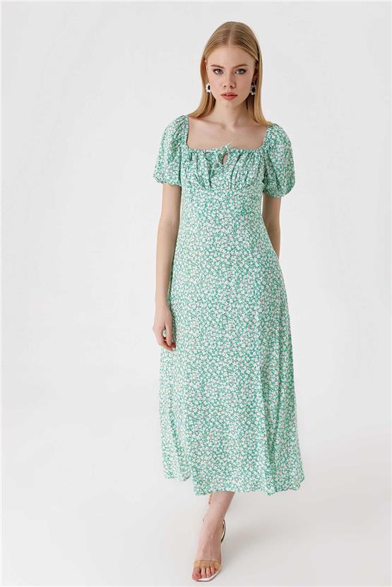 Bıgdart Y25 2387 Yeşil Yırtmaç Detaylı Elbise