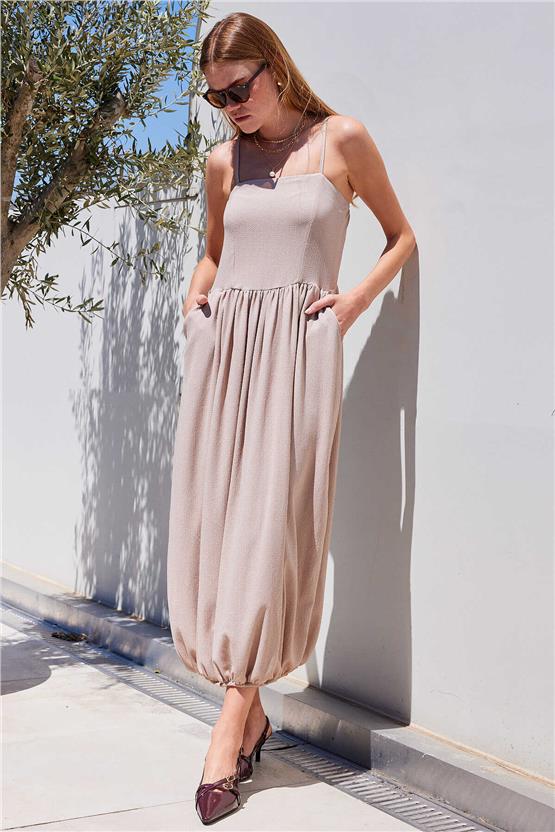 Bıgdart Y25 2492 Bej Askılı Örme Slopet Elbise