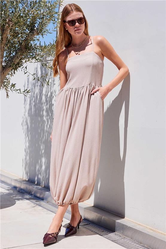 Bıgdart Y25 2492 Bej Askılı Örme Slopet Elbise