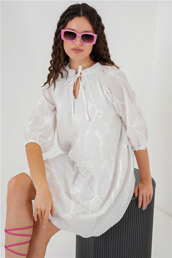 Bıgdart Y25 2528 Beyaz Kadın Desenlı Kısa Elbıse