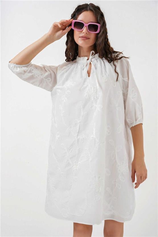 Bıgdart Y25 2528 Beyaz Kadın Desenlı Kısa Elbıse