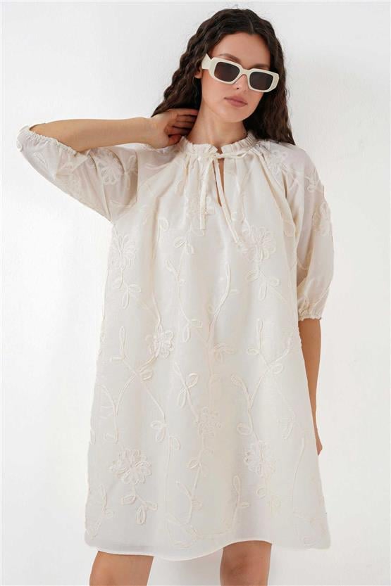 Bıgdart Y25 2528 Krem Kadın Desenlı Kısa Elbıse