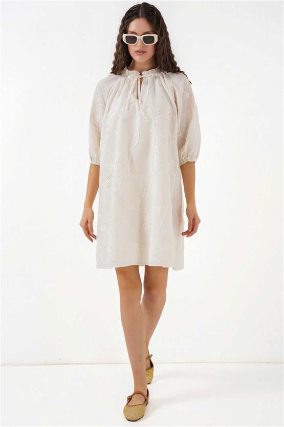 Bıgdart Y25 2528 Krem Kadın Desenlı Kısa Elbıse