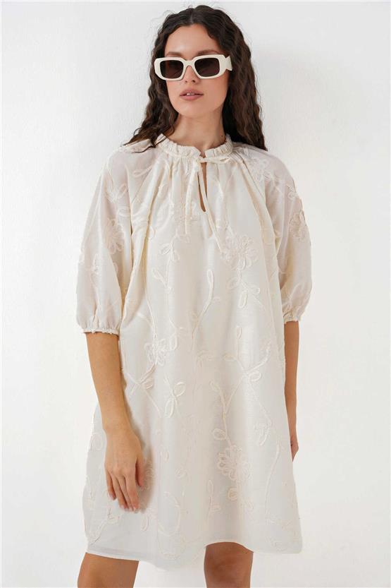 Bıgdart Y25 2528 Krem Kadın Desenlı Kısa Elbıse