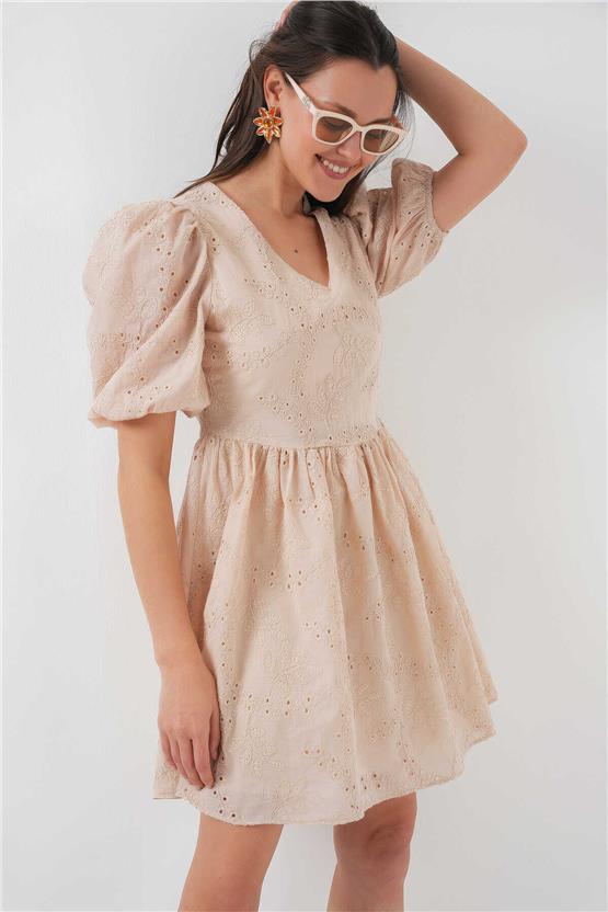 Bıgdart Y25 2529 Bej Kadın Fıstolu Kısa Elbıse